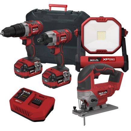 Lumberjack Cordless 20V Combi Drill Impact Driver Drill Work Light & Jigsaw with 4A Batteries & Fast Charger
