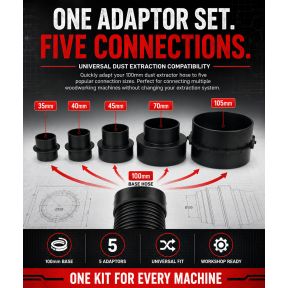 Lumberjack 5 Piece Dust Extractor Adaptor Set Adapts 100 mm Hose to 105 mm, 70 mm, 45 mm, 40 mm & 35 mm Universal Extraction Accessories